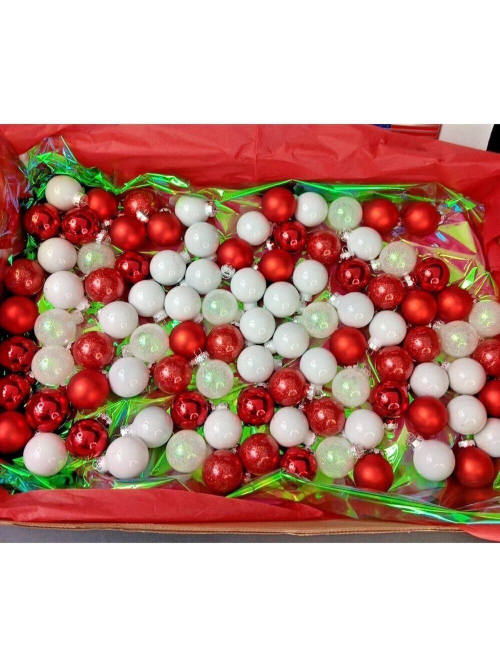 96 Glass Round Christmas Tree Ornaments Red, White, Shiny, Appox 1.49" x 1.2"